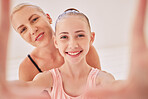 Ballet selfie, dance teacher or child studio ballerina taking fun, playful and happy picture for social media. Smile portrait of woman and girl after learning beauty, elegant and creative theater art