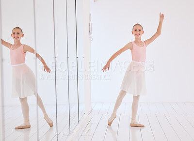 Buy stock photo Happy ballet dancer girl stretching in a dance studio with mirror reflection and portrait. Smile face of a learning child dancing in a class in pink princess costume for a performance