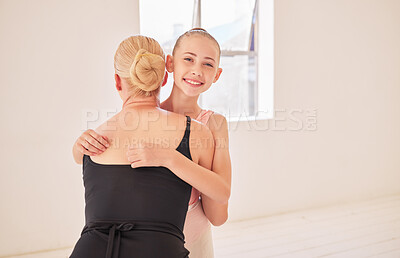 Buy stock photo Ballet teacher giving happy student hug at dance studio, girl learning dancing art at school with coach and training for professional performance. Portrait of girl and woman hugging for motivation