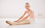 Wellness, fitness and ballet girl learning, workout and training in studio, dancer stretching before theatre event or sport exercise. Health, education and sports student warmup for art gym concert