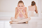 Ballet, smile girl sitting on floor of creative dance studio dreaming to become professional ballerina. Education, student and training child for art and fitness dancing in theater show performance