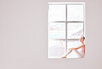 Ballet, smile girl on window of creative dance studio dreaming to become professional ballerina. Education, student and training child for art and fitness dancing in theater show performance 