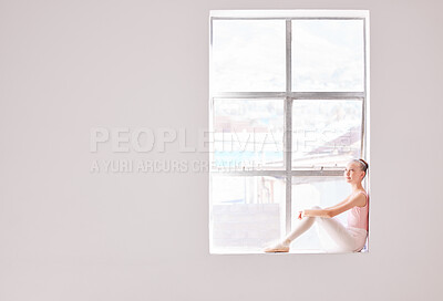 Buy stock photo Ballet, smile girl on window of creative dance studio dreaming to become professional ballerina. Education, student and training child for art and fitness dancing in theater show performance 