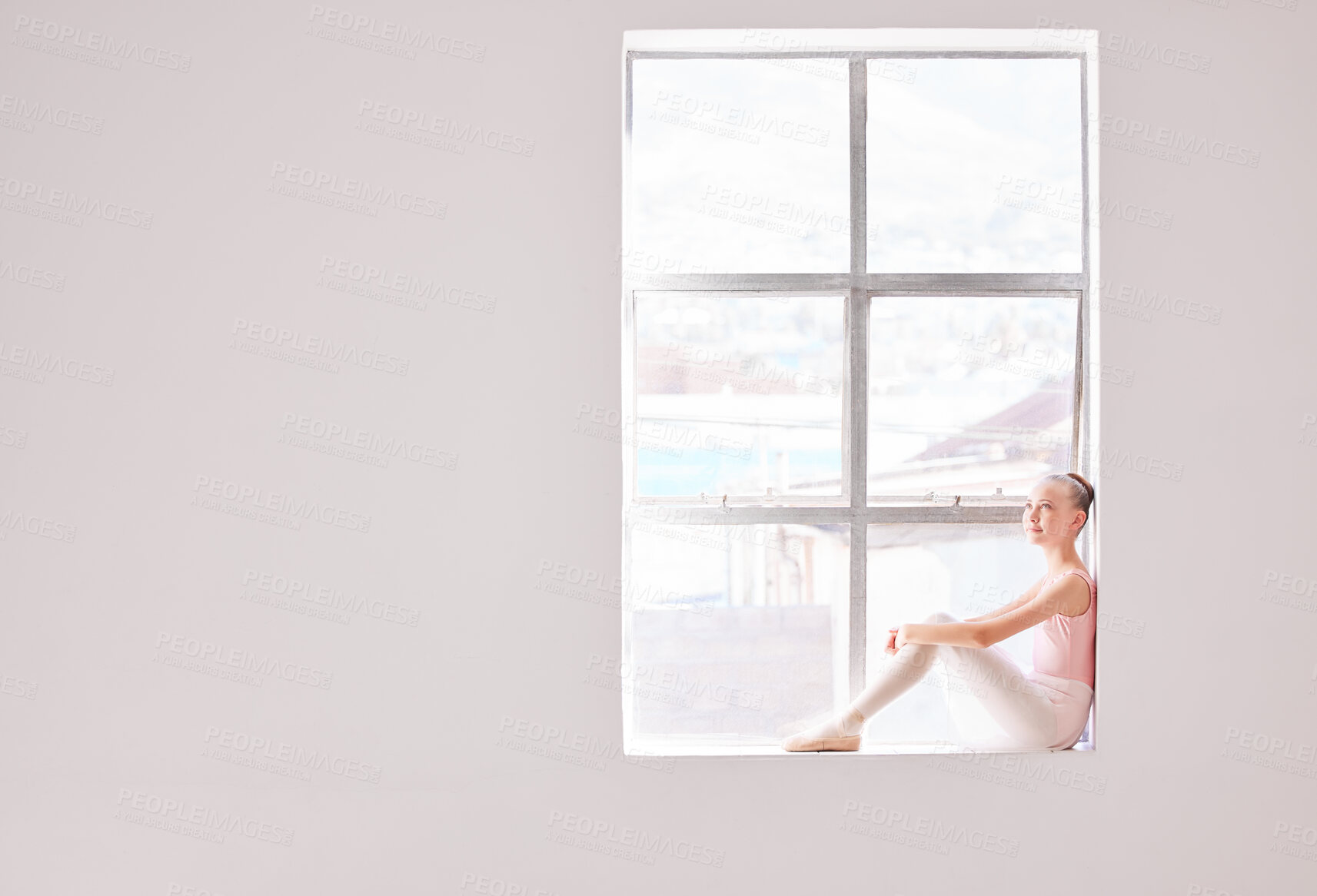 Buy stock photo Ballet, smile girl on window of creative dance studio dreaming to become professional ballerina. Education, student and training child for art and fitness dancing in theater show performance 