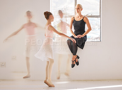 Buy stock photo Ballet, student and teacher in dance studio training and motivation support in theater with girl dancer. Creative, school and dancing center with kid learning elegant and artistic ballerina move