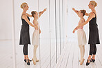 Ballet education, teacher and girl dancer learning on mirror from her instructor in art studio hall with mockup space. Professional dancing coach training student on balance at performance academy