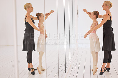 Buy stock photo Ballet education, teacher and girl dancer learning on mirror from her instructor in professional art studio hall. Dancing coach training ballerina student on balance at performance academy class