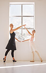 Student, teacher and girl learning ballet stage theatre performance balance, art and training in dance class studio. Lifestyle, energy and woman teaching and coaching young ballerina to master talent
