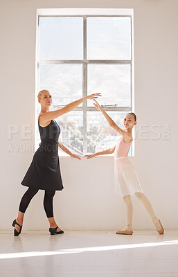 Buy stock photo Student, teacher and girl learning ballet stage theatre performance balance, art and training in dance class studio. Lifestyle, energy and woman teaching and coaching young ballerina to master talent