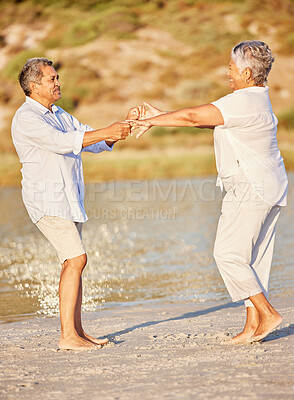 Buy stock photo Beach, retirement and happy senior couple dancing on summer holiday or vacation by the sea. Love, commitment and romance dance with fun elderly man and woman on pension fund travel, trip and freedom