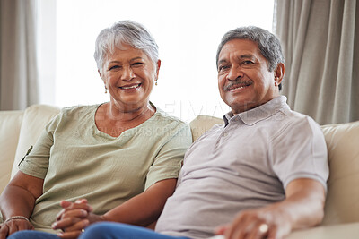 Buy stock photo Love, smile and senior couple on living room interior sofa relax and lounge together at home portrait. Face of happy  people, man and woman smile while living retirement lifestyle at family house