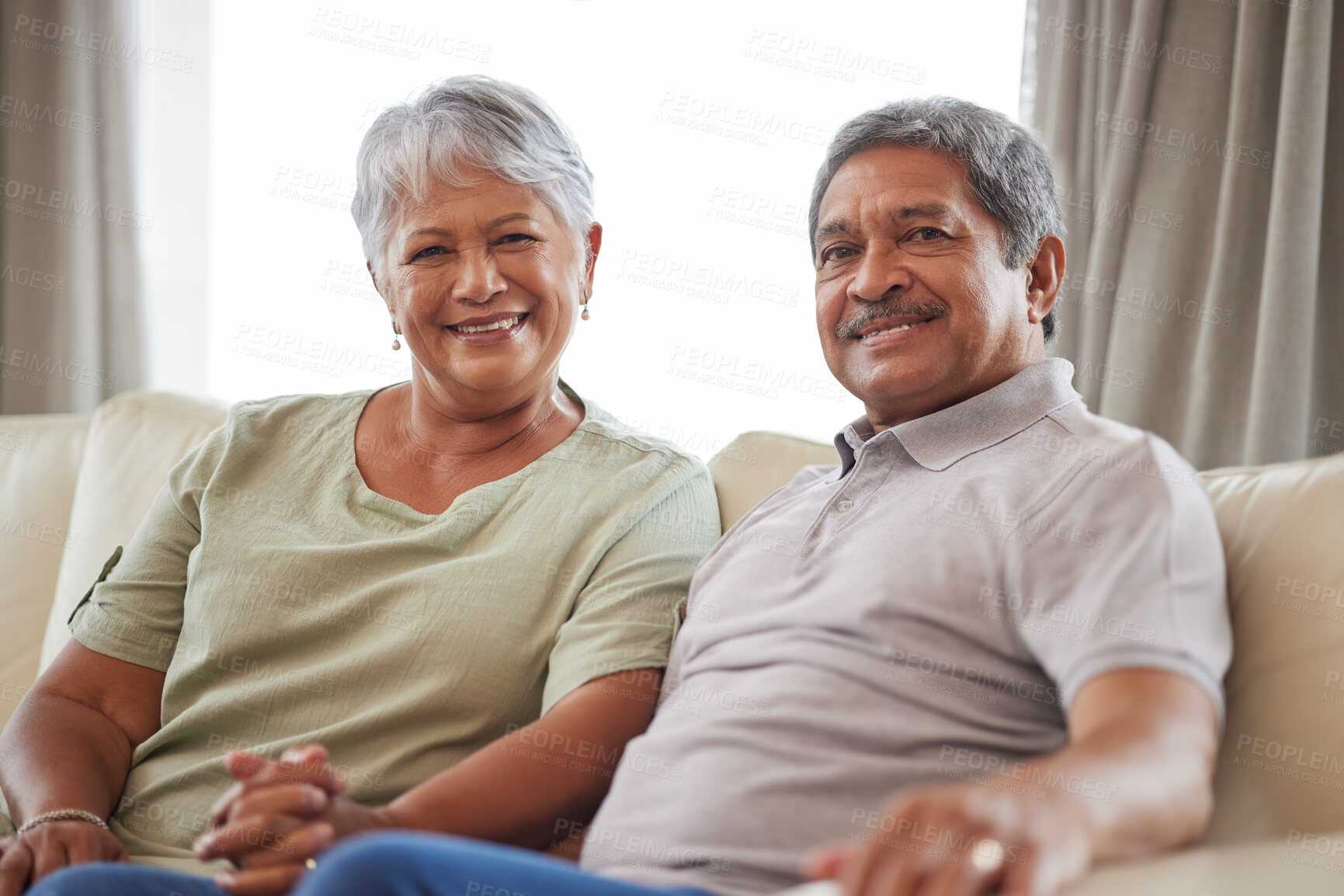 Buy stock photo Love, smile and senior couple on living room interior sofa relax and lounge together at home portrait. Face of happy  people, man and woman smile while living retirement lifestyle at family house