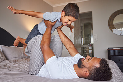 Buy stock photo Father and kid on bed with fun games for child development in bedroom, home and house in the morning. Happy, love and care of dad and child with imagination, creative game and happiness together