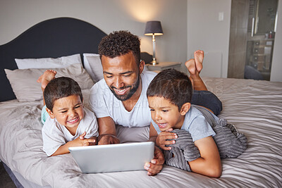 Buy stock photo Technology, man and children relax on bed together to bond and have fun on the weekend with digital tablet. Happy father having quality time with his kids at family home for bonding relationship.