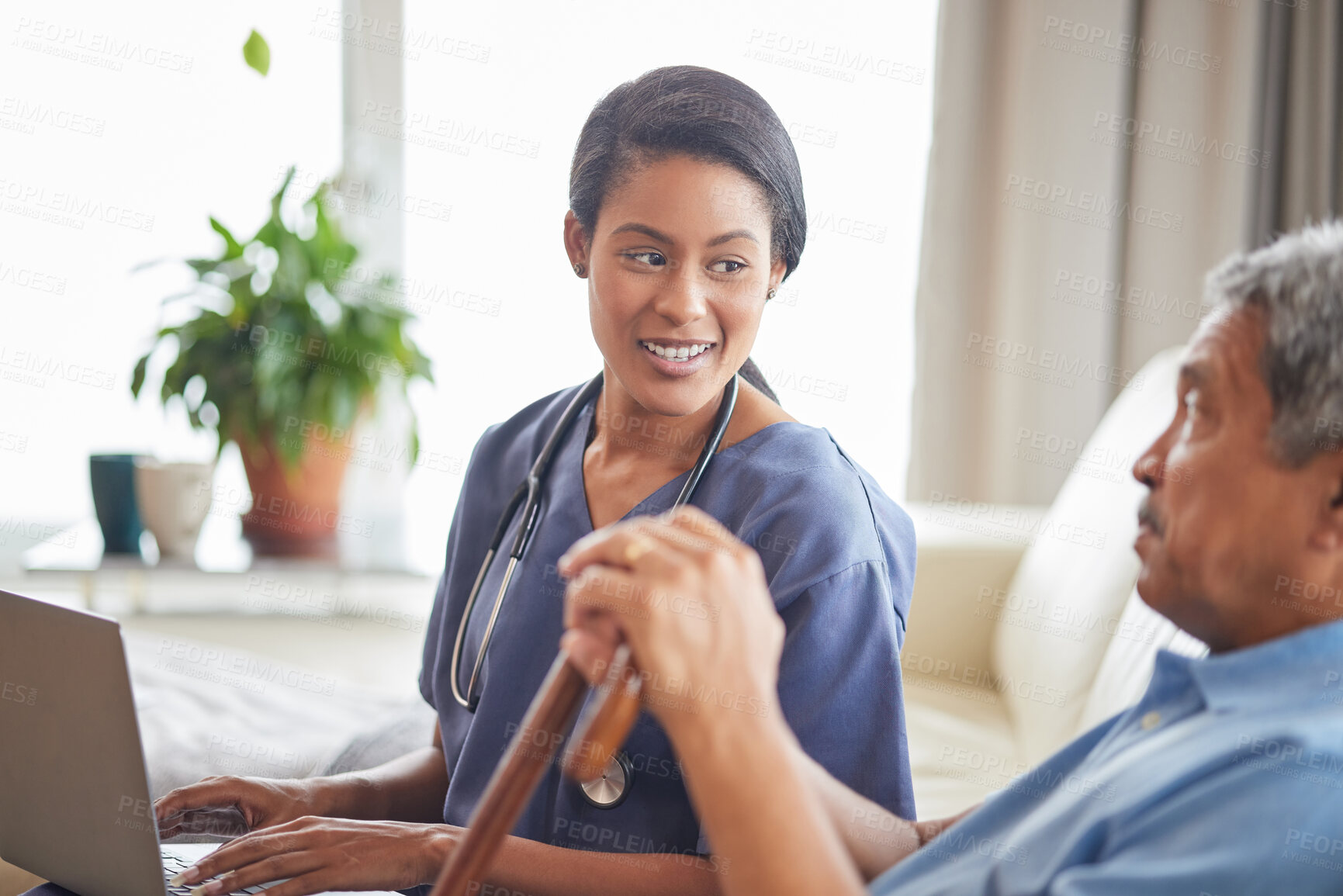Buy stock photo Nurse help senior man with internet and laptop on the sofa in a retirement home. Healthcare worker, caregiver or medical professional helping retired man with email and technology in the lounge  