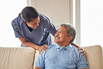 Healthcare, support and nurse working in senior care, bonding with patient showing affection in retirement home. Happy health care worker smiling, caring for mature man in an assisted living facility