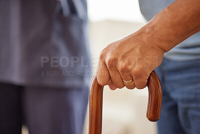 Buy stock photo Support, physiotherapy and disability patient hold walking stick or cane, practice recovery with physical therapist or nurse. Senior man suffering from Parkinson, assisted living retirement facility