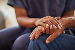 Support, trust and empathy during counseling or therapy with a nurse and senior man in retirement home with healthcare insurance. Hands of caregiver and patient with compassion, help and hospice care