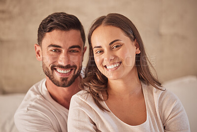 Buy stock photo Portrait of happy couple with smile and love in home, face of man and woman with healthy teeth and medical healthcare insurance for dental hygiene. Young people in living room of apartment together