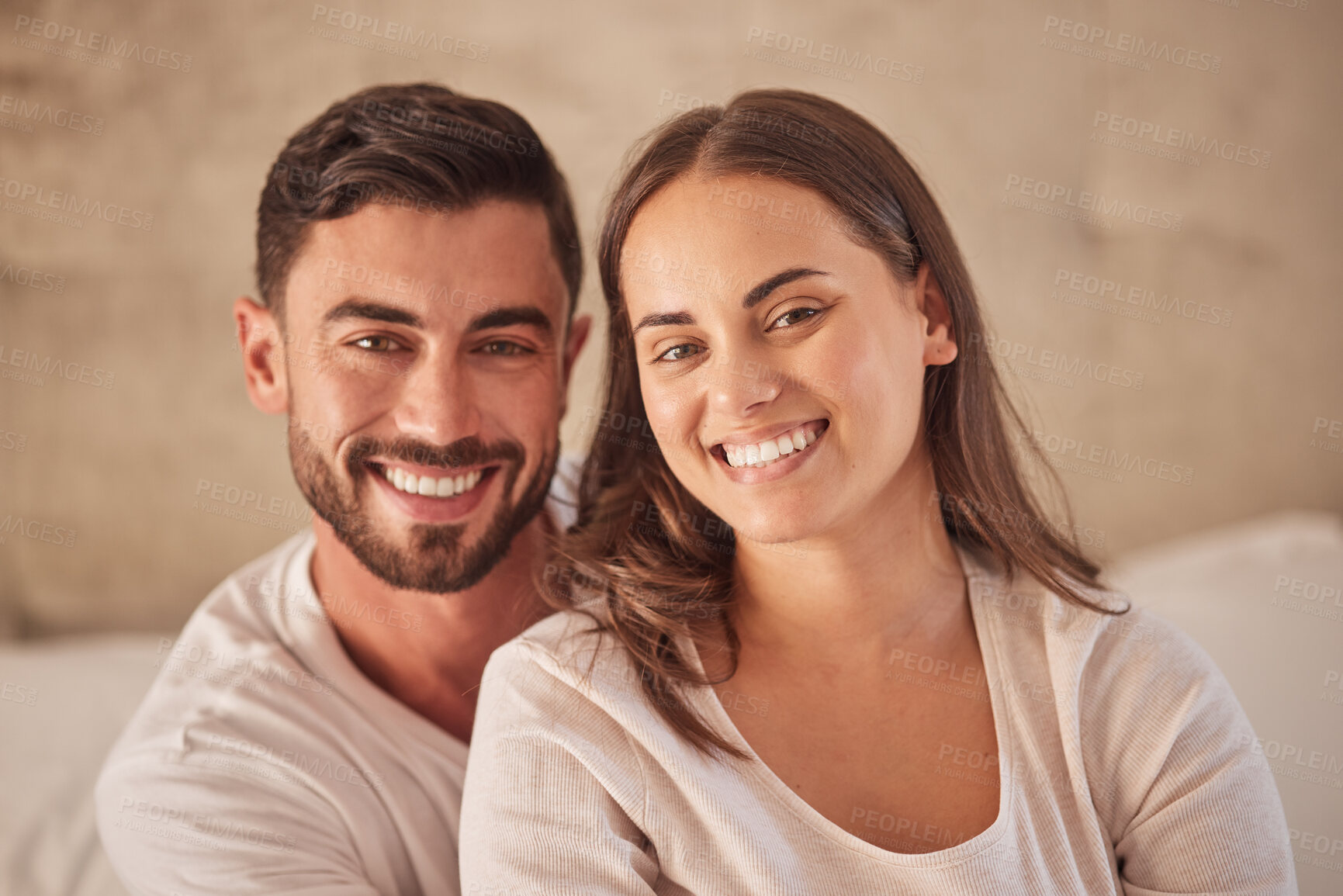 Buy stock photo Portrait of happy couple with smile and love in home, face of man and woman with healthy teeth and medical healthcare insurance for dental hygiene. Young people in living room of apartment together