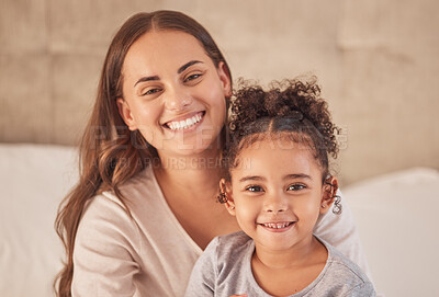 Buy stock photo Happy, mother and girl with family smile in joy and happiness for love and care at home in the bedroom. Portrait of a smiling parent and child bonding in the house for mothers day or motherhood.