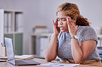 Headache, burnout and stress business woman or entrepreneur working with 404, anxiety and technology glitch in office laptop. Corporate employee an sad worker with mental health at desk.
