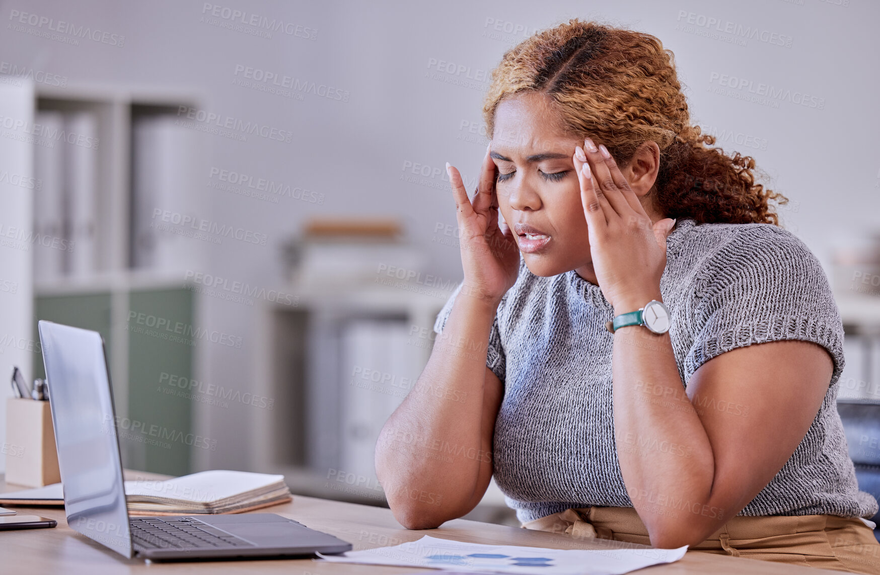 Buy stock photo Headache, burnout and stress business woman or entrepreneur working with 404, anxiety and technology glitch in office laptop. Corporate employee an sad worker with mental health at desk.
