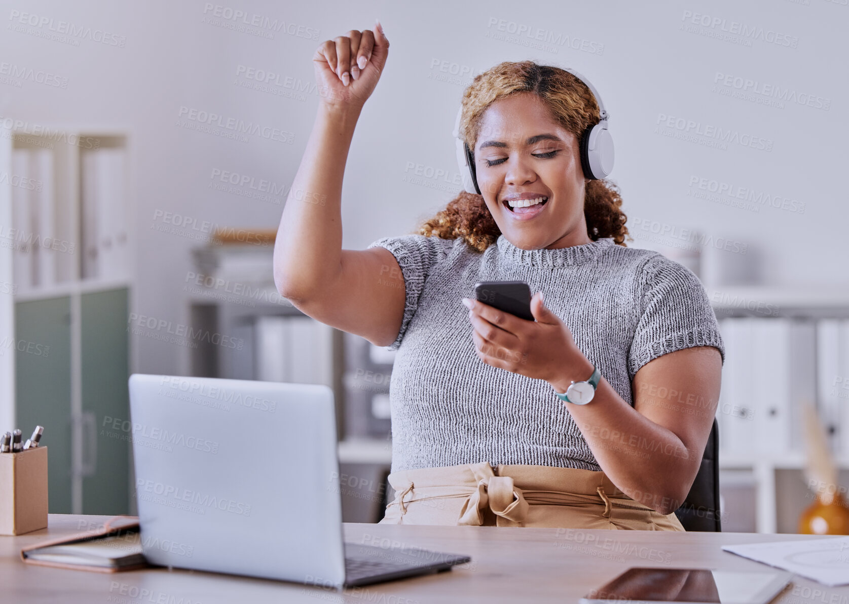 Buy stock photo Music, podcast and streaming, business woman listening to new track in an office. Internet, technology and entertainment, listen to song phone with headphones. Work, relax and enjoy radio app online
