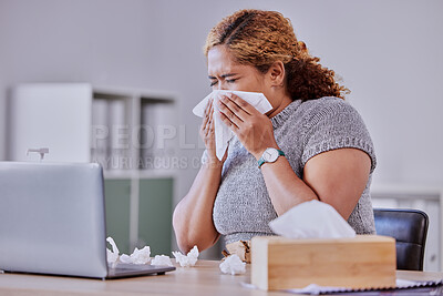 Buy stock photo flu, covid and sick corporate employee suffering with a cold or flu, working on laptop, blow nose or sneezing in an office. Young assistant experience allergy, sinus, illness or disease symptoms