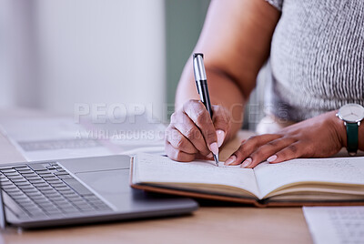 Buy stock photo Project management, planning and woman with notebook and laptop for marketing or social media calendar with laptop schedule planner software. Hands of an office worker writing ideas, goals and plan