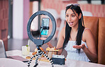 Woman influencer, food review blog and content creator filming online video in cafe restaurant. Creative live streaming, shooting 5g web vlog and virtual mobile phone app broadcast for social media