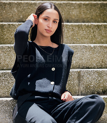 Buy stock photo Fashion, portrait and gen z woman or model in urban or trendy clothes with a vision, mission and goal for influencer success. Young fashion model or relax, beauty person on city stairs