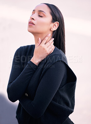 Buy stock photo Portrait, woman and hands of an attractive female touching her neck in relief over mockup background. Lady in self love, satisfaction and relaxation and relieved in the outdoors to breath fresh air.