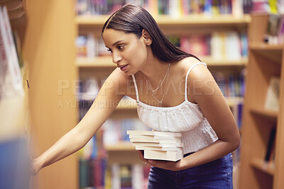 Buy stock photo College student in library for books, education and university study learning. Young nerd woman at reading bookshelf in bookstore shopping, studying and story choice for project, knowledge and exam