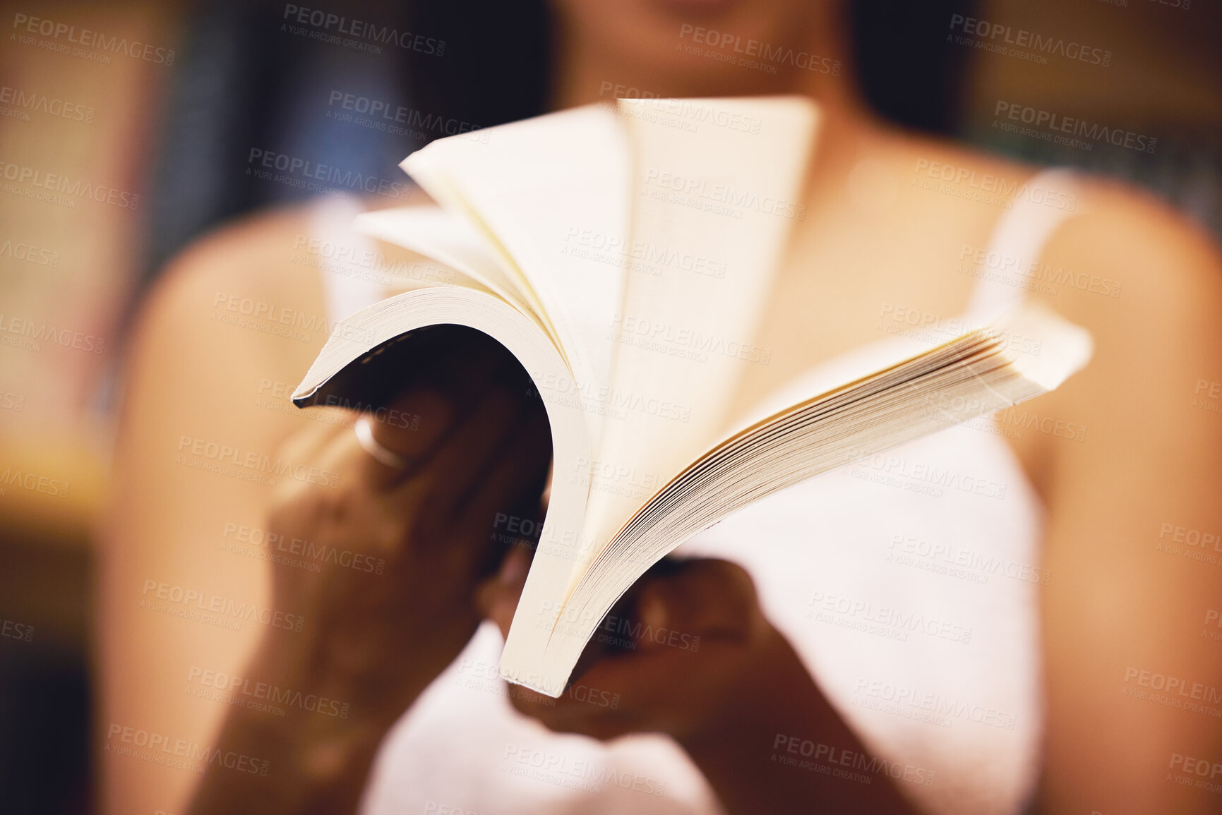 Buy stock photo Hands reading books, paper and page in library, bookstore or home for learning, studying and education. College student, woman and academic with literature story, literacy and knowledge research