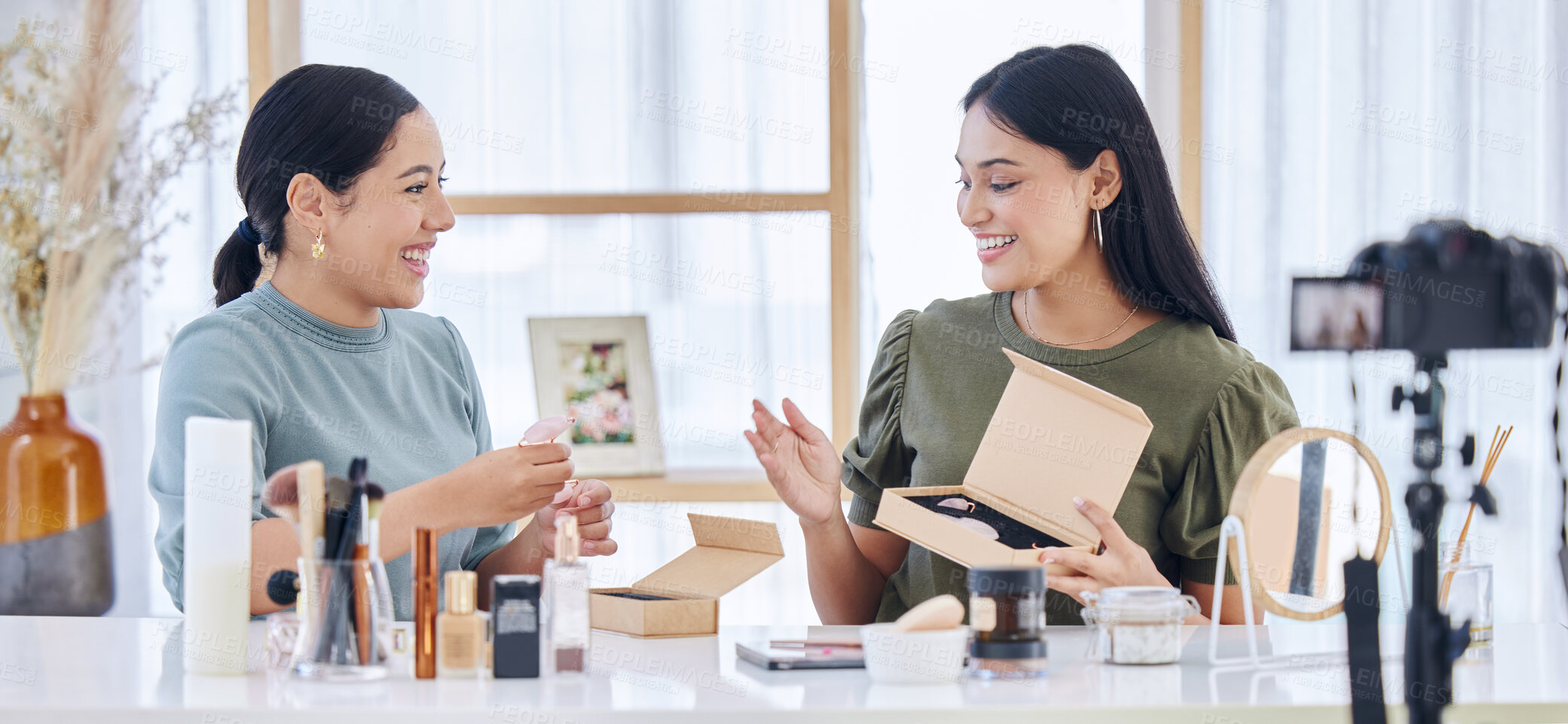 Buy stock photo Beauty influencer, makeup review blog and social media content creator friends, brand ambassador and happy people. Young women live streaming, advertising and shooting for cosmetics product broadcast