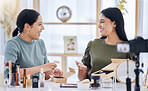 Beauty, social media influencer and makeup review marketing with content creator friends, brand ambassador and happy women. Blog, web podcast and advertising products online for cosmetics broadcast. 