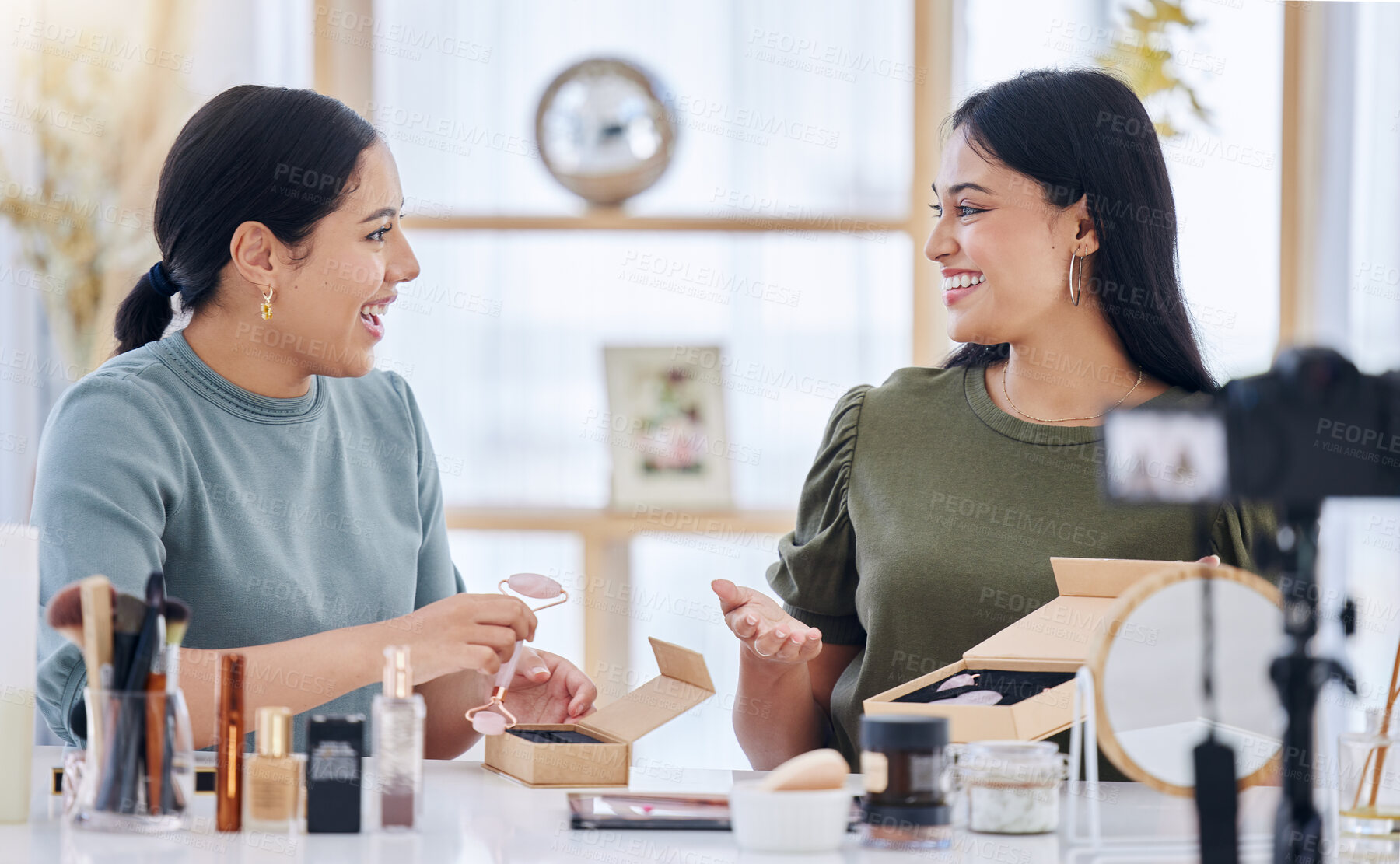 Buy stock photo Beauty, social media influencer and makeup review marketing with content creator friends, brand ambassador and happy women. Blog, web podcast and advertising products online for cosmetics broadcast. 