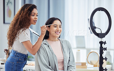 Buy stock photo Phone streaming, makeup influencer or social media beauty tutorial on content creator blog. Talking cosmetic blogger, women or friends with eyeshadow palette review or skincare face product marketing