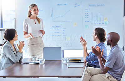 Buy stock photo Clapping, success workshop or teamwork business meeting for happy creative marketing speaker on office whiteboard. Diversity, motivation or planning kpi data idea in training or strategy presentation