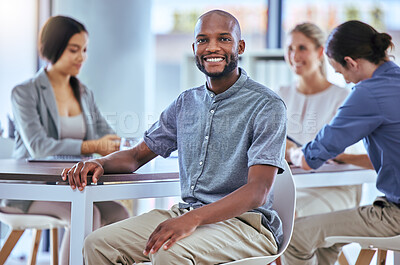 Buy stock photo Portrait of a happy businessman smile in a team planning meeting at work. A proud employee in an office with group as they discuss new innovative plans, idea and strategy in a corporate office