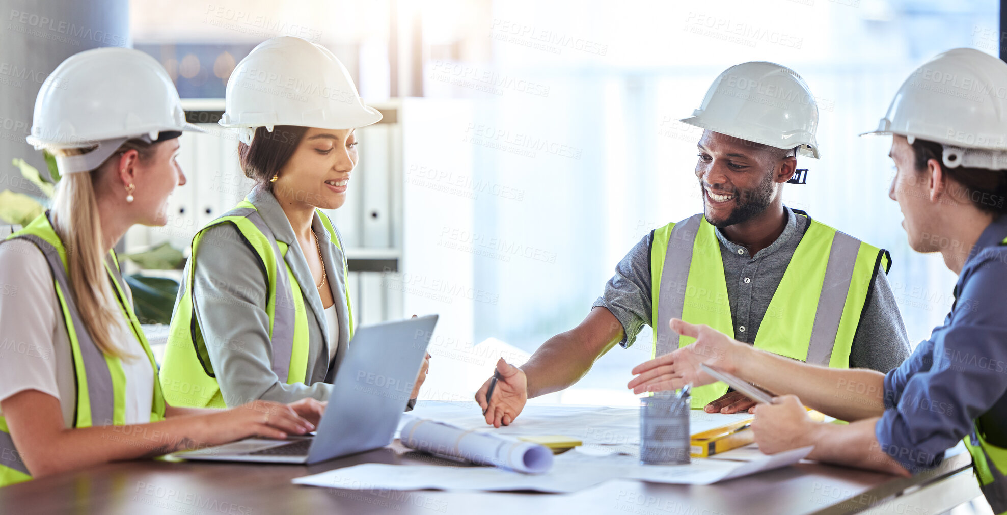 Buy stock photo Construction, building maintenance and management team collaboration on a teamwork project. Contractor, builder and architect planning a home improvement strategy, vision and architecture logistics 