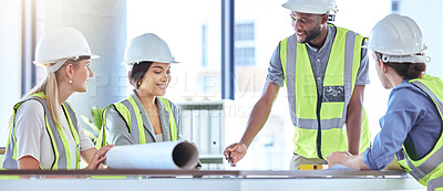 Buy stock photo Team of industrial engineer planning with blueprint paperwork in a business meeting. Business people collaborate or construction creatives collaboration for work project and brainstorm together