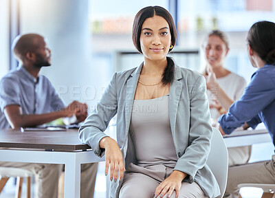 Buy stock photo Business woman, office worker and employee working with motivation, smile and career success in a startup company with team of staff. Portrait of a happy, content and young professional in an agency 
