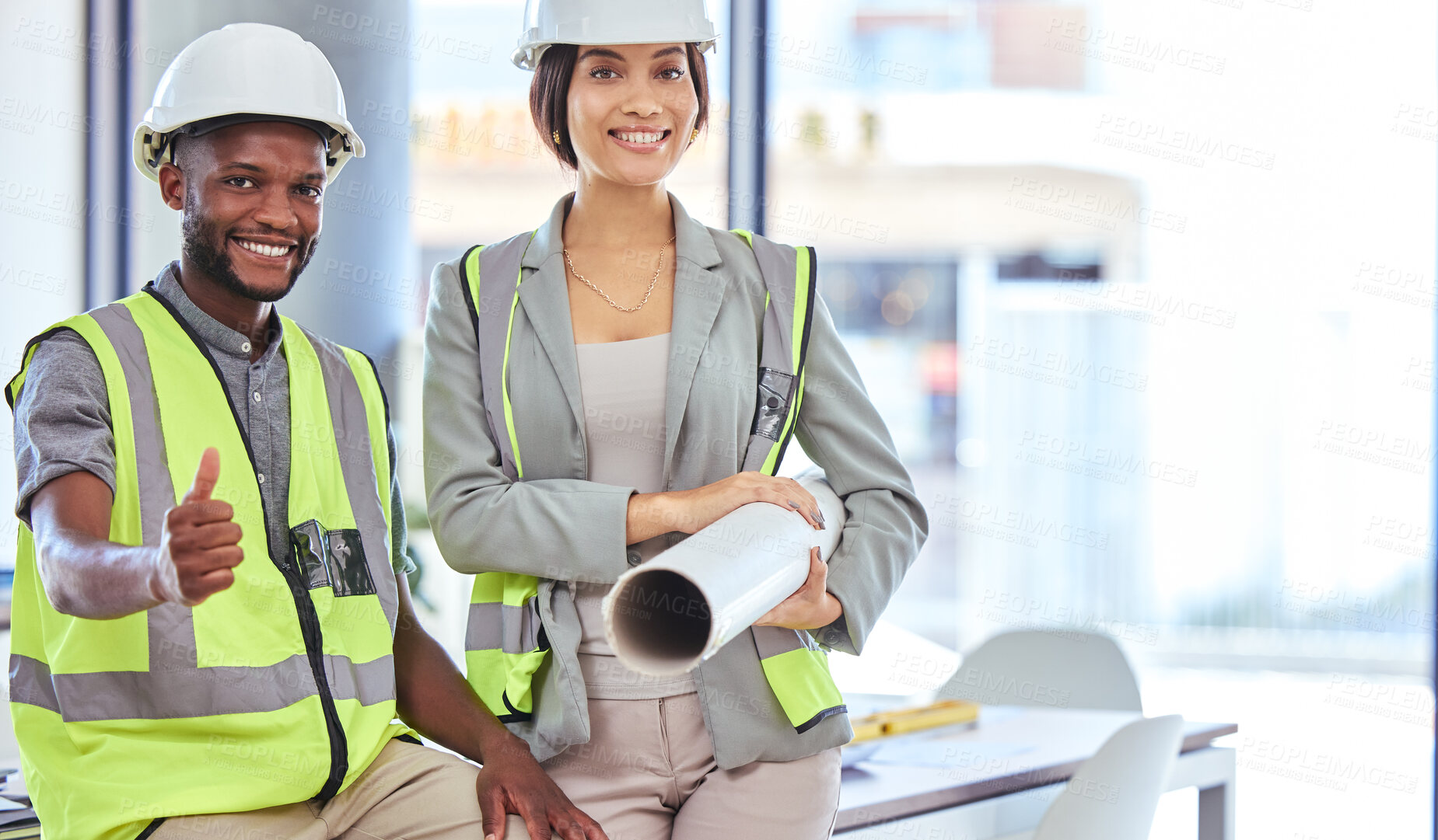 Buy stock photo Collaboration, teamwork and thumbs up by construction workers planning and discussing blueprint of a building. Success with partner sharing goal and strategy, industry innovation engineering 