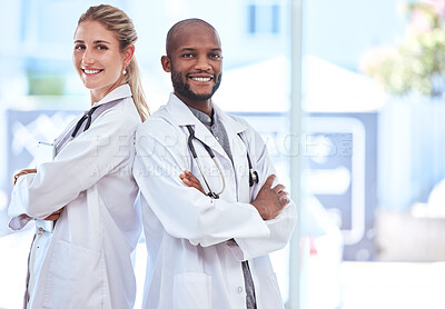 Buy stock photo Healthcare, teamwork and support in the medical industry with good health insurance and doctors in a hospital. Trust, happy smile and partnership for excellence in medicine, care and collaboration