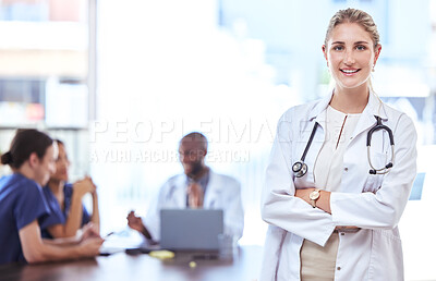Buy stock photo Innovation, leadership and proud doctor leader in meeting, planning and collaboration on medical practice. Diverse health, care workers discussing medicine or cancer cure, excited to begin drug trial