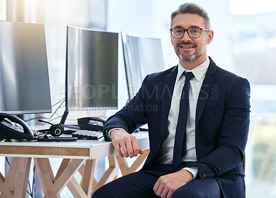 Buy stock photo Portrait of computer information technology manager, software programmer or business man engineer. Trust, leadership and vision of an IT man in company cybersecurity management with smile for success