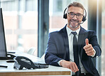 Call center, thumbs up and success deal with contact us, digital marketing or crm business man office computer. Smile portrait of happy, motivation or customer support worker with networking strategy