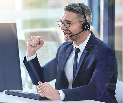 Buy stock photo Business man sales success, telemarketing goal celebration and crm consultant winner for call center deal, crypto trading and stock market agent bonus. Happy office computer worker with motivation